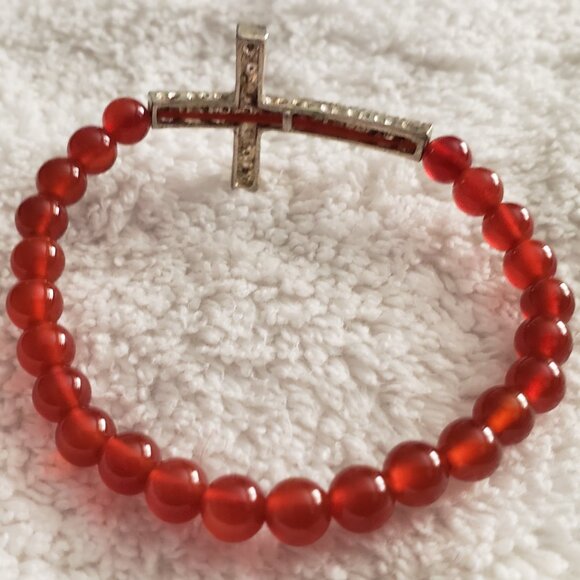 Metal Cross Leather Necklace Sparkly Cross Bracelet with Semi-Precious Stone - Picture 9 of 10